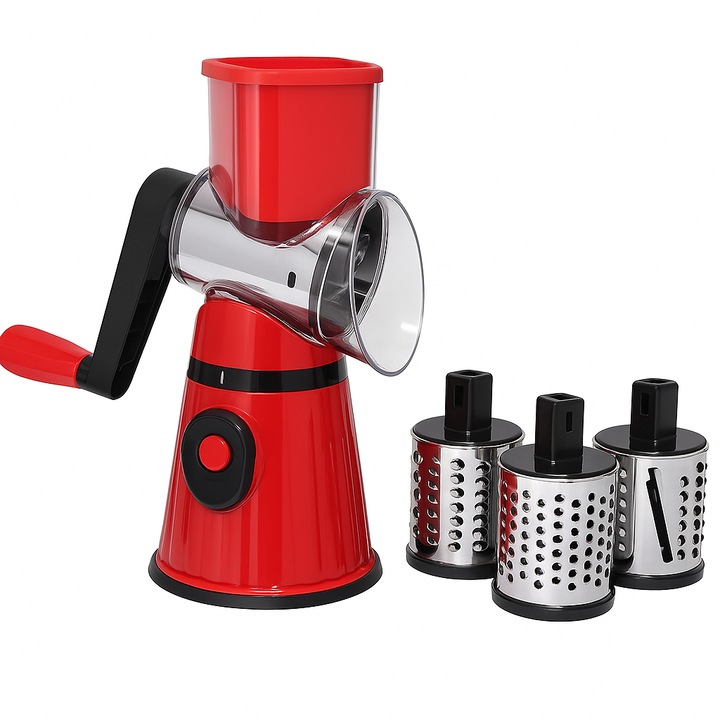 GermaNova 3-в-1 многофункционално ренде, ръчно, 3 въртящи се остриета от неръждаема стомана, за плодове, зеленчуци, месо, сирене, червено