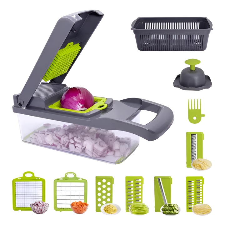 Премиум 14 в 1 многофункционално ренде за зеленчуци и плодове GermaNova, резачка за зеленчуци, сменяеми аксесоари, защитна дръжка, рязане, настъргване, нож, шредер, сиво/зелено