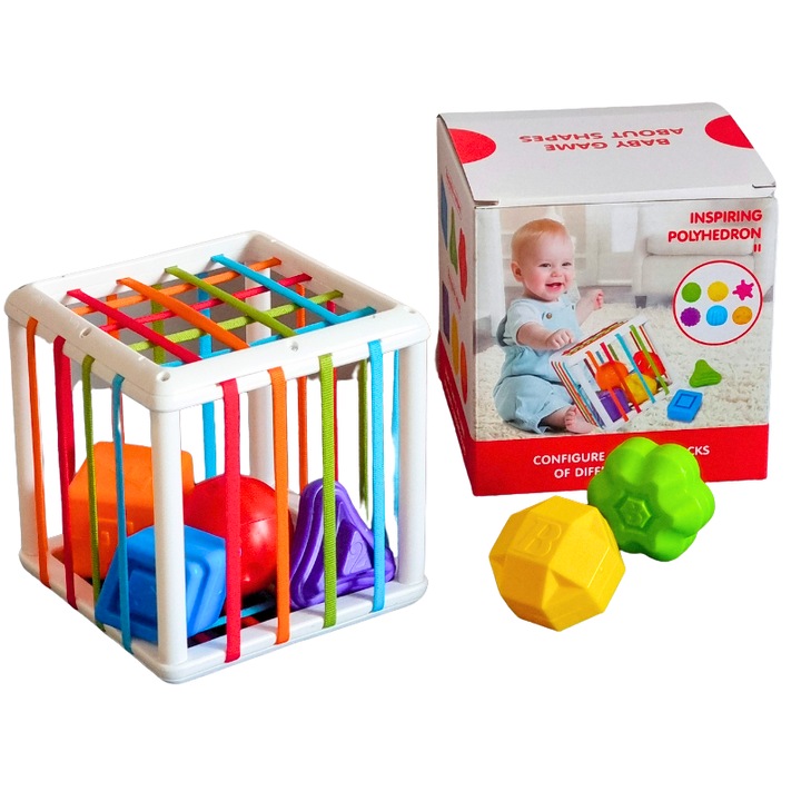 Куб за сортиране с ластици и 6 геометрични фигури, за бебета, над 18 месеца