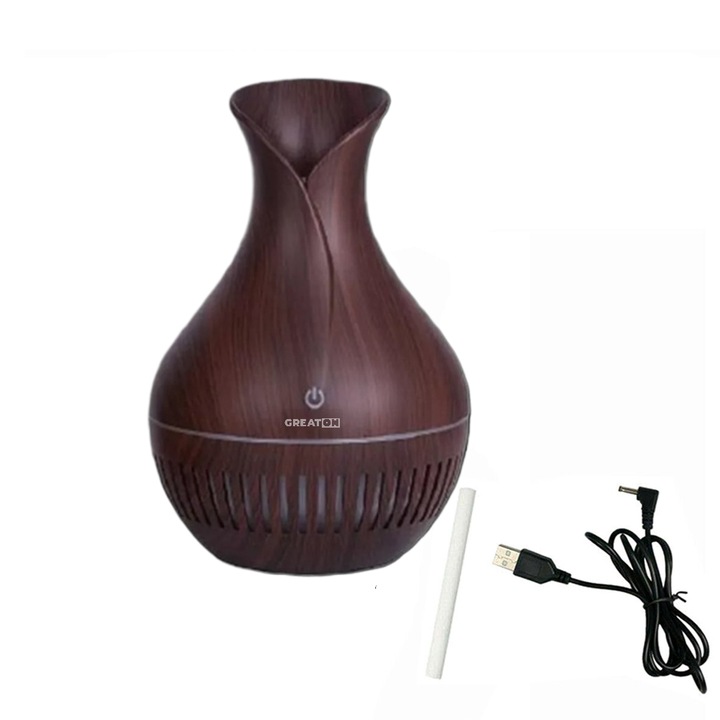GREATON Aromaterápiás diffúzor és párásító, ultrahangos, 150 ml, 3W, USB, sötét fa dizájn
