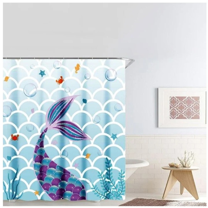 Perdea dus, model Sirena, albastru marin/mov, PEVA, 180 x 180 cm