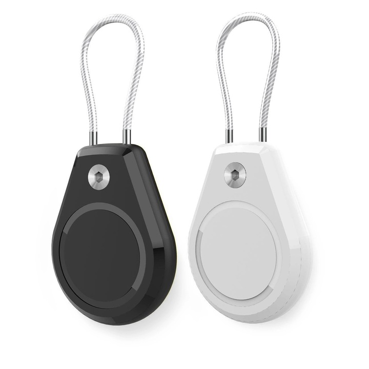 Set 2 huse pentru Apple AirTag, Hurtel, waterproof, cu sfoara din otel, negru + alb