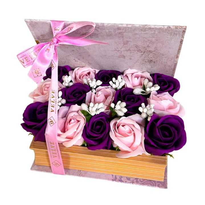 Aranjament floral cu 15 trandafiri din sapun, in cutie tip carte, cu mov inchis si roz pal, Velve