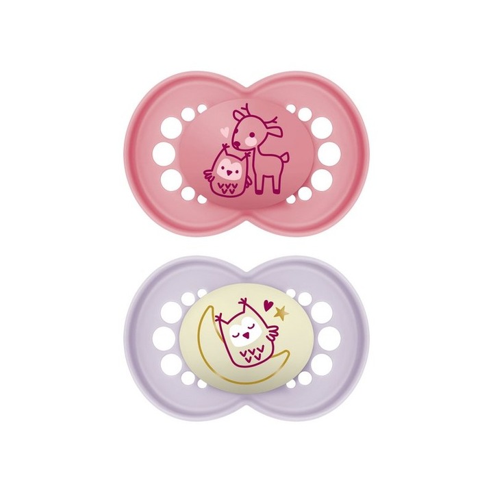 Set suzete noapte 6+ pentru fete, ortodontic, silicon MAM SkinSoft, cu cutie de sterilizare, roz/mov