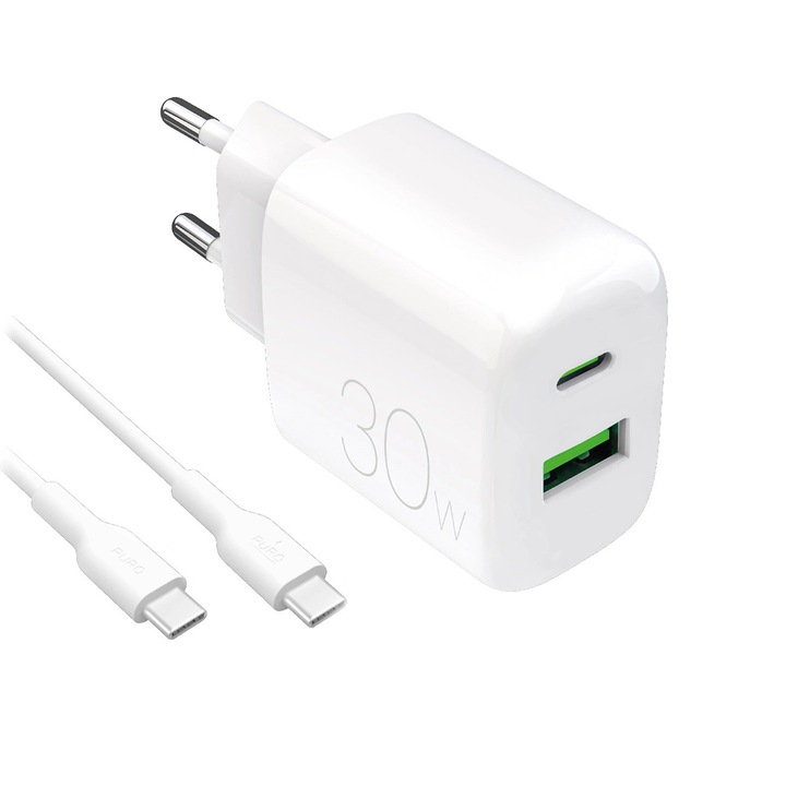 Зарядно Puro PROLITE 30W USB-A / USB-C + кабел USB-C - USB-C 1.2м, бял