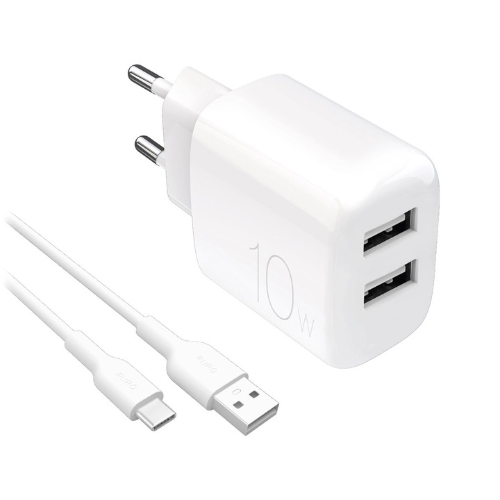 Incarcator, Puro, PROLITE 10W 2x USB-A + cablu USB-A - USB-C 1.2 m, alb