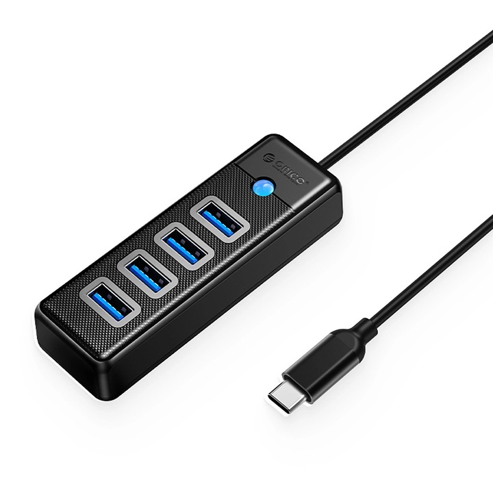 Хъб USB-C Orico, PW4U-C3, 4x USB-A 3.0, трансфер 5 Gbps, черен, 92.9x30.6x19.5mm