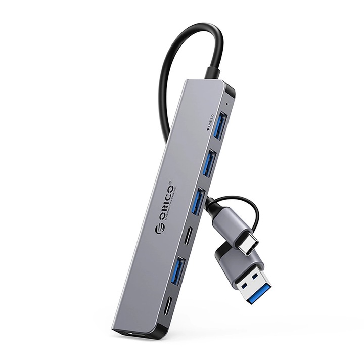 Orico USB-A/USB-C хъб, YSA7-U3, 4x USB-A 2.0, 1x USB-A 3.0, 2x USB-C 2.0, сив, 127x23x10 мм