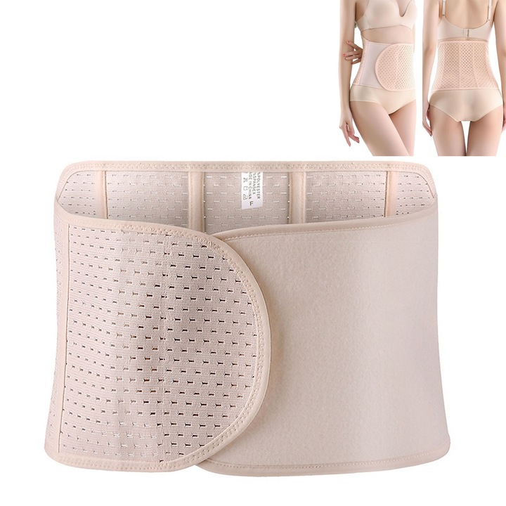 Centura de slabit, ZGGZERG, Centura lombara, tip corset, refacere postnatala, suport lombar, compresie dubla, marime ajustabila cu velcro, pentru eliminarea tesutului adipos de pe abdomen, corector postura, Poliester, 80*23cm, aproape alb