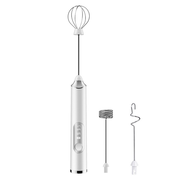 Spumator electric de lapte, OEM, alimentare cu baterii, maner termoizolant, inox 304, 3 capete interschimbabile, usor de utilizat, pentru lapte, cafea, ou, ceai cu lapte, albus, lapte praf, alb