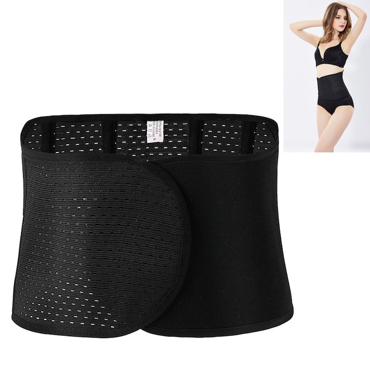 Centura de slabit, ZGGZERG, Centura lombara, tip corset, refacere postnatala, suport lombar, compresie dubla, marime ajustabila cu velcro, pentru eliminarea tesutului adipos de pe abdomen, corector postura, Poliester, 80*23cm, negru