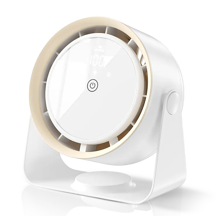 Ventilator Portabil De Birou, Zadabso®, afisaj digital LED, Reincarcabil, Inclinare de 105°, Montabil pe perete, USB Type C, Acumulator 3600 mAh, Motor Brushless, Ultra Silentios, Alb