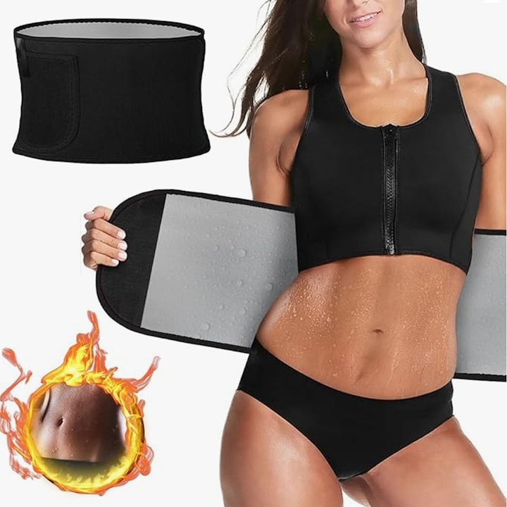 Centura de slabit, ZGGZERG, Centura lombara, tip corset, refacere postnatala, suport lombar, compresie dubla, talie si abdomen, marime ajustabila cu velcro, pentru eliminarea tesutului adipos de pe abdomen, corector postura, neopren, 100*8cm, negru