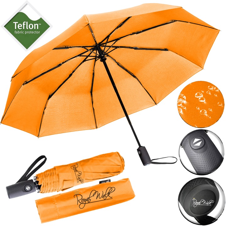 Чадър за дъжд Royal Walk, Автоматичен Отваряне и Затваряне, Дамски, Мъжки, Луксозен, Сгъваем, Ветроустойчив, 102 см, Оранжев