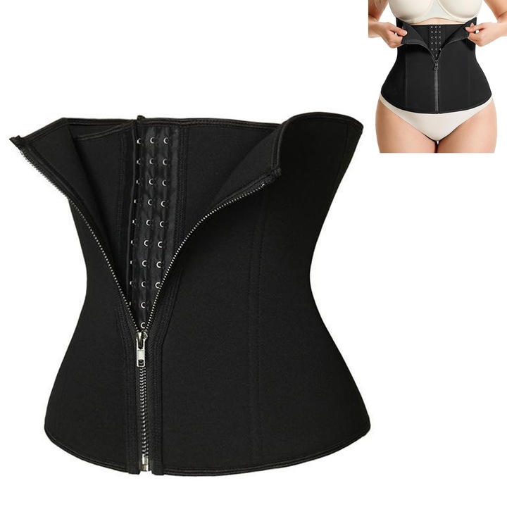 Corset modelator pentru slabit, ZGGZERG, Centura de slabit, Centura lombara, refacere postnatala, suport lombar, compresie dubla, marime ajustabila cu velcro, pentru eliminarea tesutului adipos de pe abdomen, corector postura, nylon, L, negru