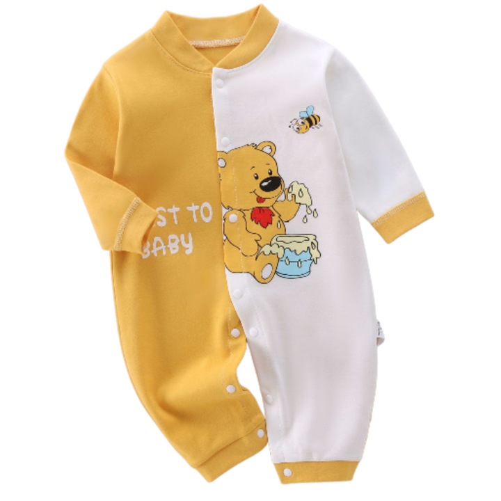 Baba body, pamut, MzcrJosv®, mackóminta, fehér/sárga