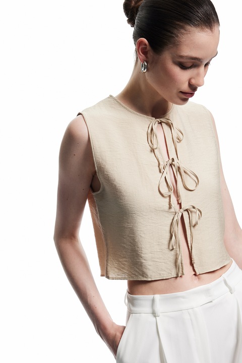 KOTON, Bluza crop cu prindere cu snururi, Maro taupe deschis