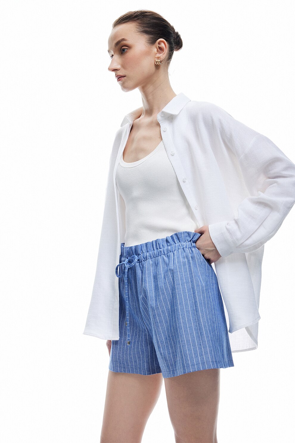 KOTON, Pantaloni scurti cu snur si model in dungi, Albastru lavanda, Alb murdar, 34