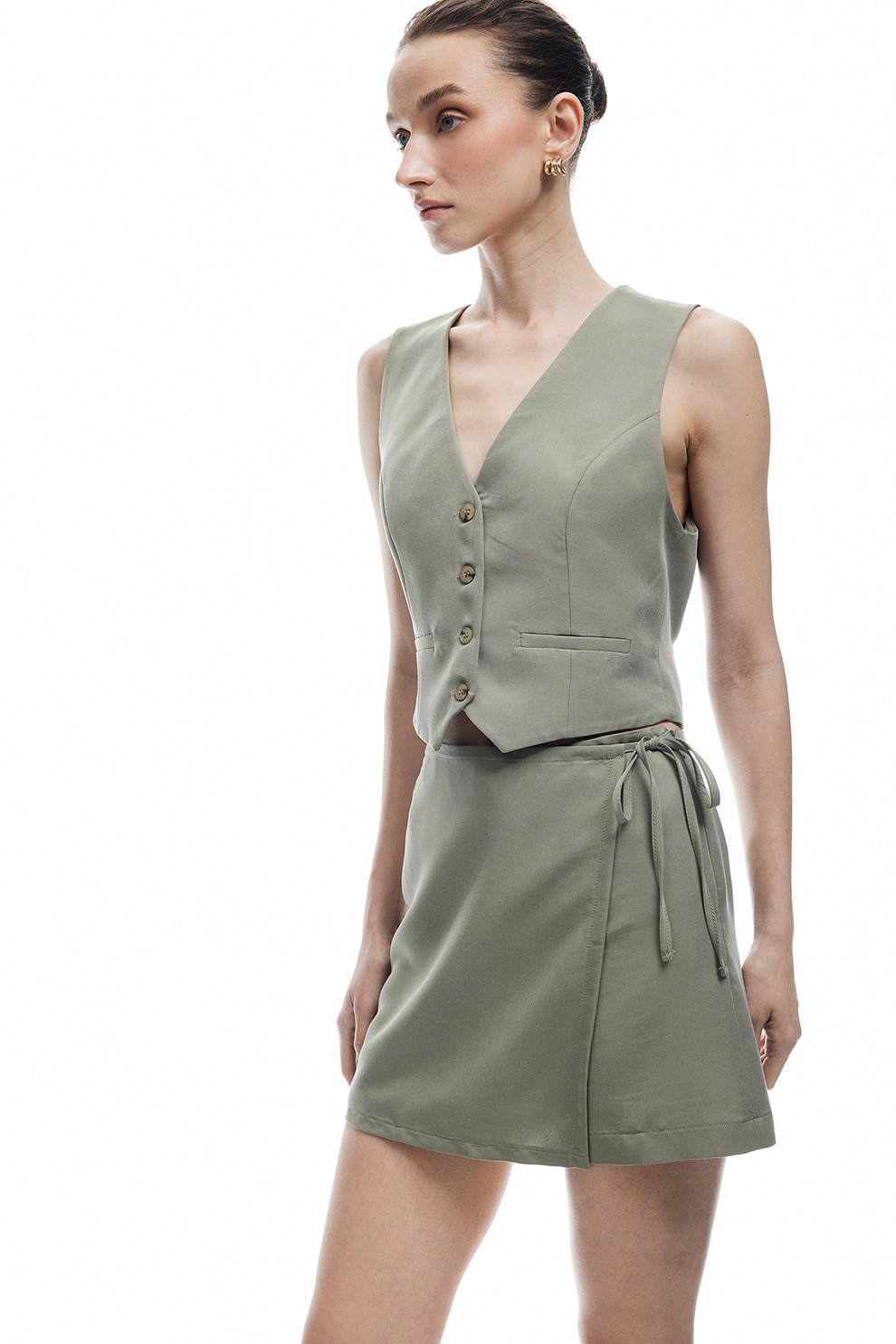 KOTON, Fusta-pantalon cu talie inalta, Verde prafuit, 34