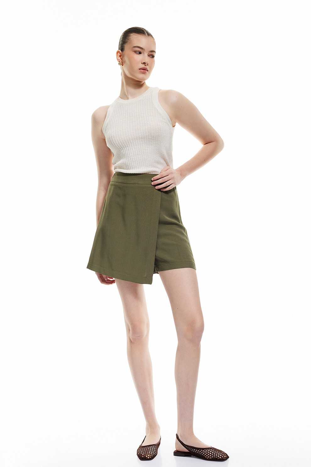 KOTON, Fusta-pantalon din amestec de in, Kaki, 42