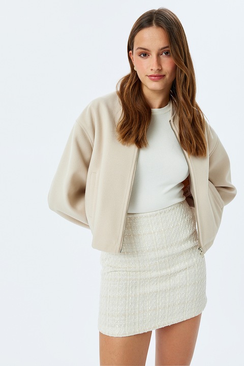 KOTON, Fusta cambrata cu talie inalta, Alb murdar