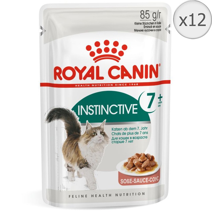 Hrana umeda pentru pisici Royal Canin, Instinctive 7+, pentru pisici adult, in sos, 12x85g