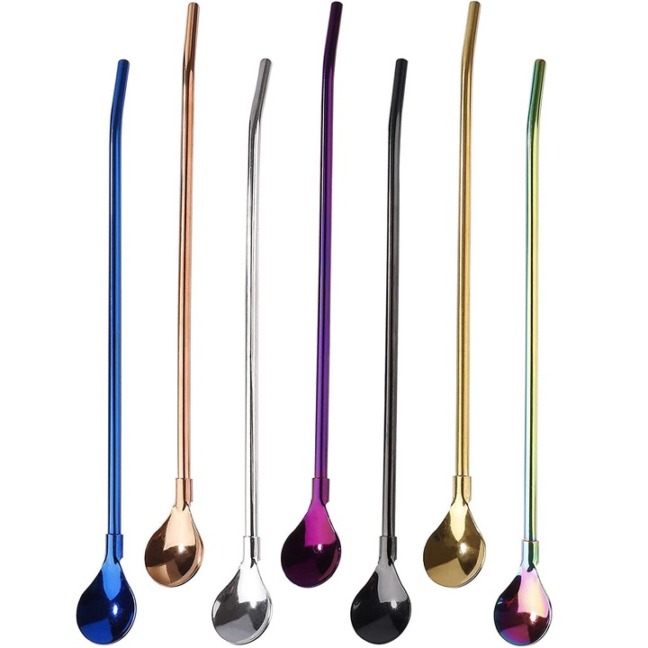 Lingurita de amestecare pentru bauturi calde si reci, pai din otel inoxidabil cu maner lung, materiale de inalta calitate si pai-lingura reutilizabil pentru curatare usoara si protectia mediului