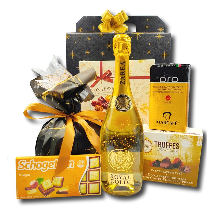 Pachet cadou elegant, CADOURI PREMIUM, model Royal Gold Special, cu spumant Zarea Royal Gold imbogatit cu aur 23k, cafea italiana, panettone si alte surprize speciale pentru momente unice