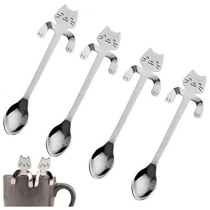 Set 4 lingurite mini inox pisica, 11.8cm, argintiu