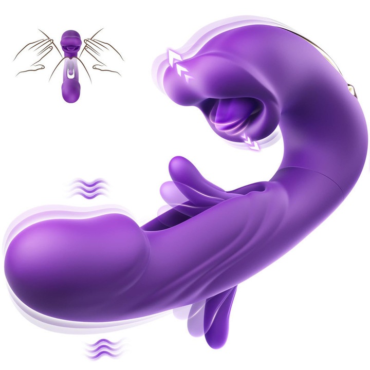Вибратор за жени 3-в-1 - стимулатор за G-точка и клитор с 5 езика, 7 режима на вибрация + 7 режима на засмукване, водоустойчив, медицински силикон, лилав