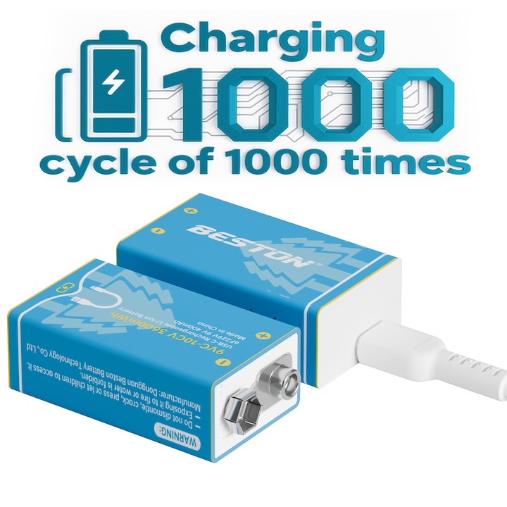 Комплект от 2 9V USB-C акумулаторни батерии, дълготрайни литиево-йонни батерии 3600mWh, бързо зареждане за 2 часа, литиева батерия за многократна употреба, над 1000+ цикъла