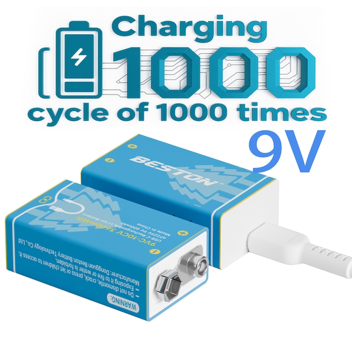 Baterii 9V, baterii litiu reincarcabile, 3600 mWh, Set de 2, Incarcare rapida, Cu cablu de incarcare USB, durabile si eficiente energetic, durata de viata de peste 1000 de cicluri