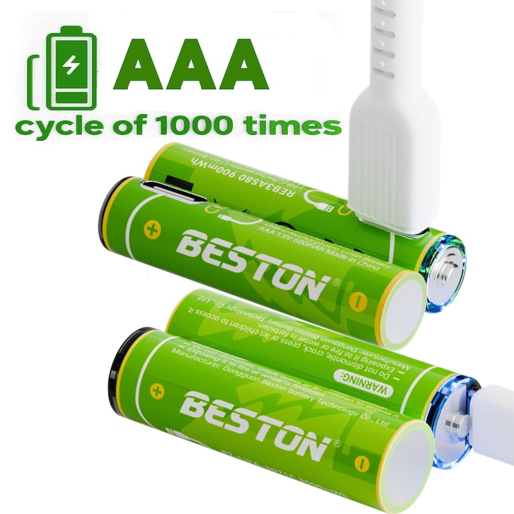 Baterii AAA, baterii litiu reincarcabile, 900 mWh, Set de 4, Incarcare rapida, Cu cablu de incarcare USB, durabile si eficiente energetic, durata de viata de peste 1000 de cicluri