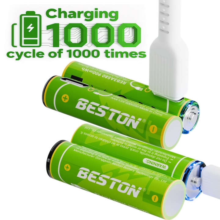 Комплект от 4 батерии, AAA, USB-C, Акумулаторни, Li-Ion 1.5V 900mWh, 2-часово бързо зареждане, Литиева батерия за многократна употреба, Над 1000+ цикъла