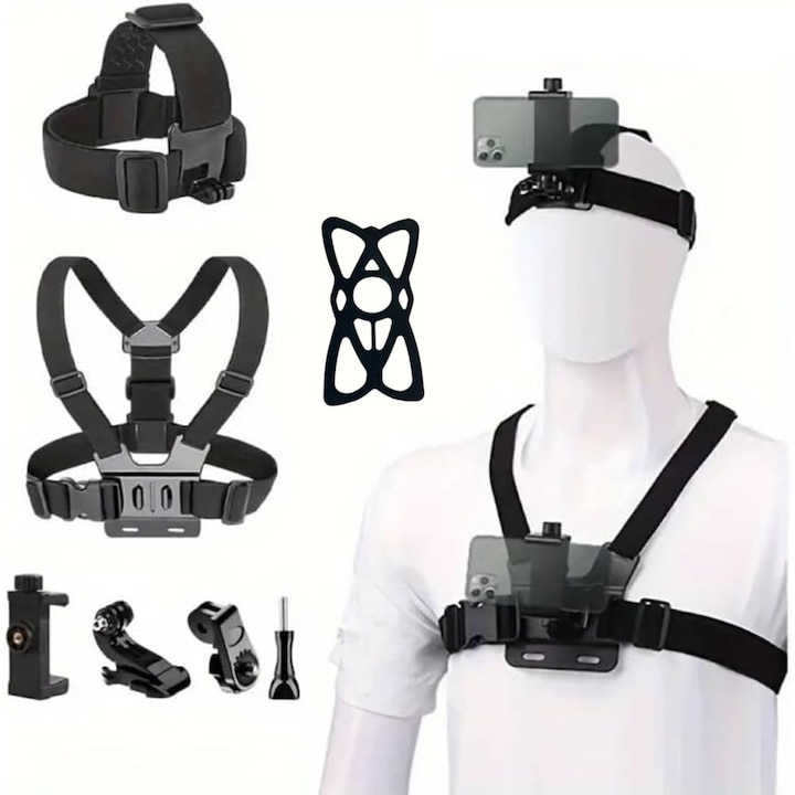 Комплект от 7 аксесоара за телефон – Стойка за гърди за заснемане със свободни ръце, съвместима с iPhone/GoPro/Osmo Action, идеална за VLOG, риболов, колоездене, боди камера, аксесоари за спортни камери