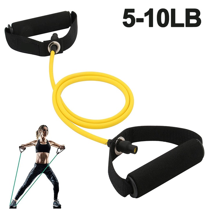 Banda de rezistenta cu manere ZYBLSSBB LSM2XH17932-220104-1, latex/TPE, maner cu spuma si ancora pentru usa, 140 cm, nivel 5–10 lb, galben