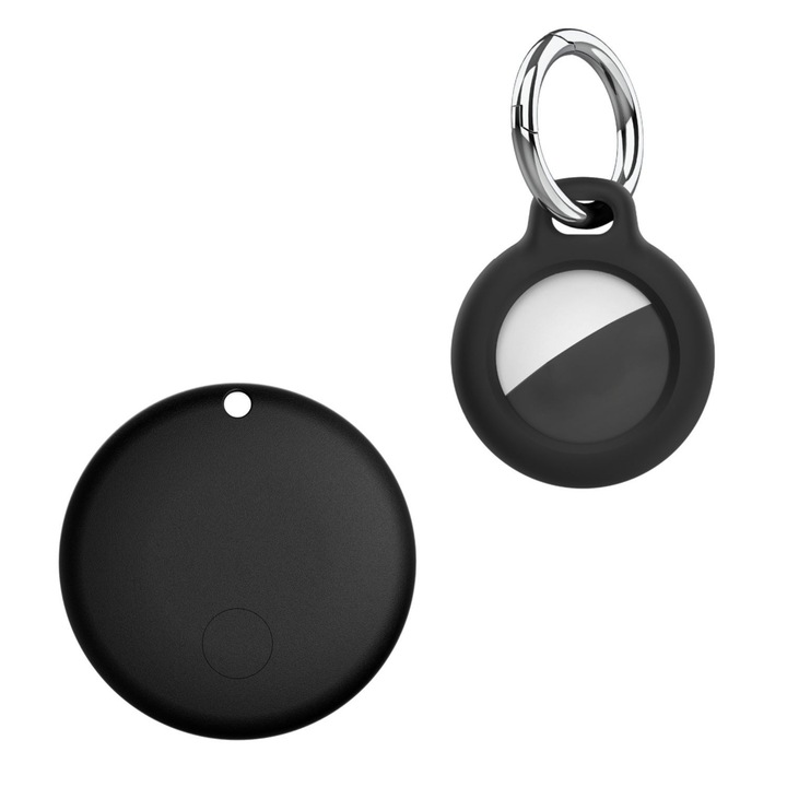Устройство против изгубване, с GPS тракер за местоположение, глобално покритие, Bluetooth, съвместимо с iPhone, приложение FindMy, за деца, възрастни хора, домашни любимци, ключове, багаж, с включена батерия, силиконов държач, черно
