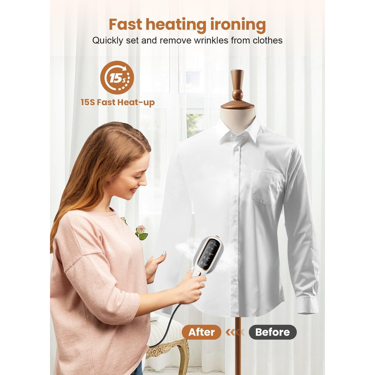 Fier de calcat cu abur 2 in 1, 1000W, 15 secunde incalzire rapida, 5 setari, rezervor apa 100ml, usor, ideal pentru calatorii, alb