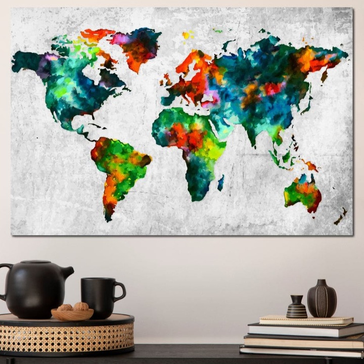 Tablou Canvas Premium, LuxCanva® L1000, Arta Geografica, 100 X 150 CM, Panza Bumbac 100% 400g/m2, Sasiu Lemn, Harta, Mapamond, Geografie, Global, Calatorie, Continente, Scoala, Materie, Pictura, Colorat, Decorativ, Birou, Living, Camera Copii