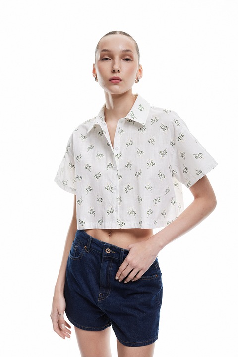 KOTON, Camasa crop cu model floral, Verde/Alb optic