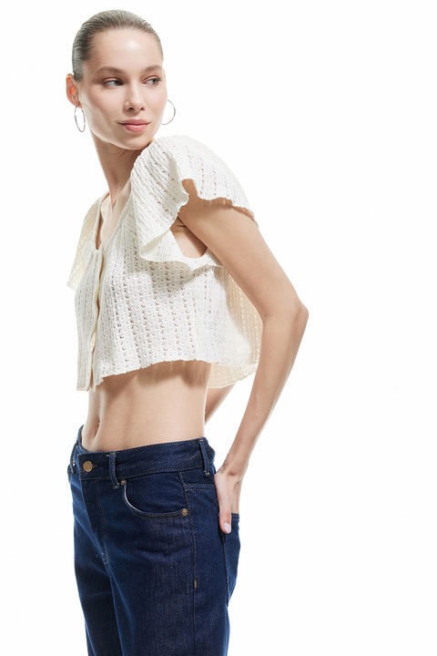 KOTON, Bluza crop cu perforatii, Alb fildes