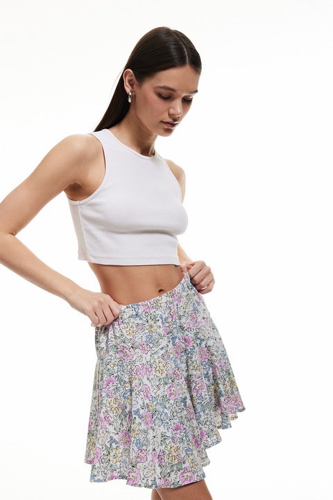 KOTON, Fusta cu talie inalta si model floral, Albastru pastel/Verde pal/Violet prafuit