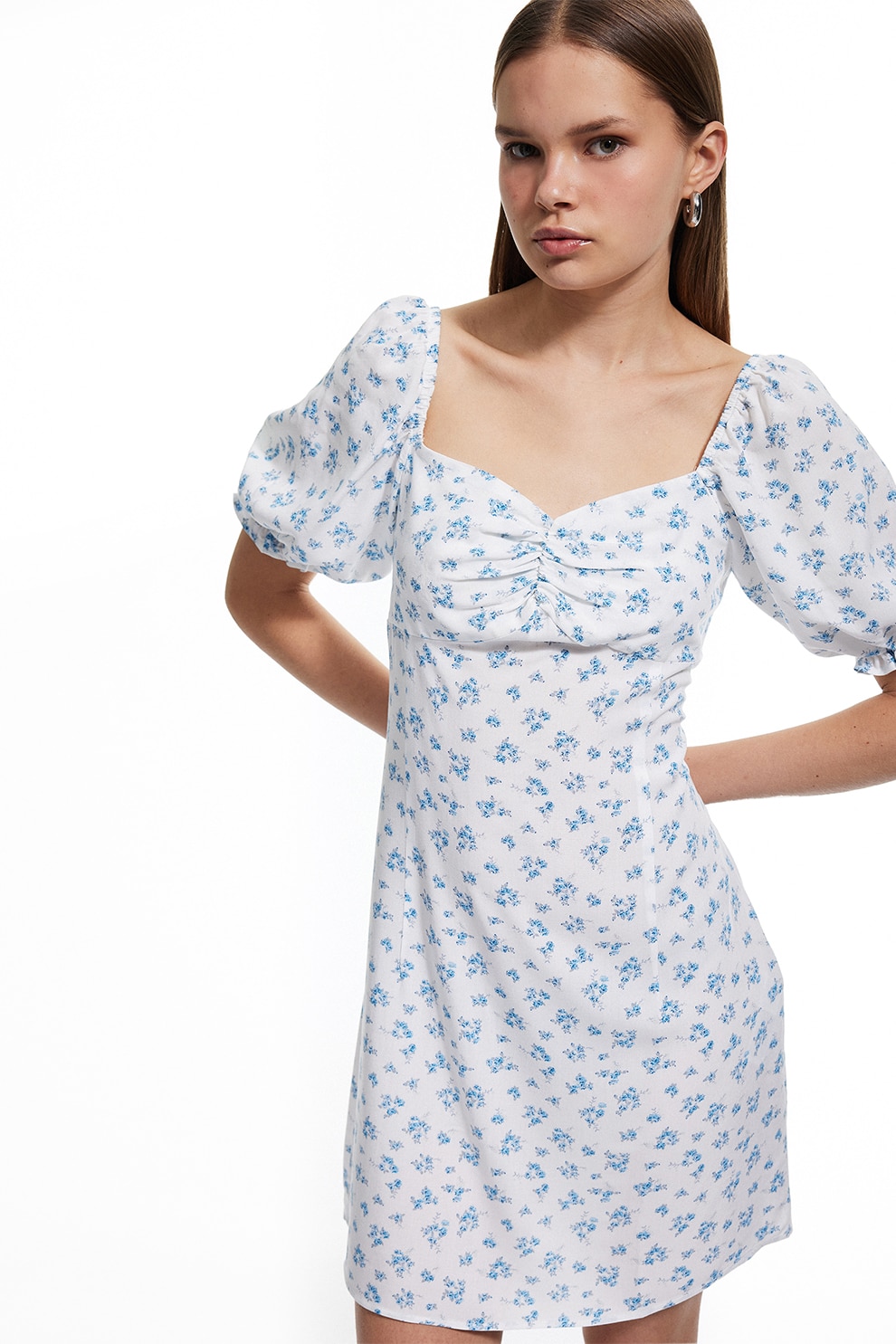 KOTON, Rochie slim-fit cu maneci bufante, Albastru pastel, Alb murdar, 40