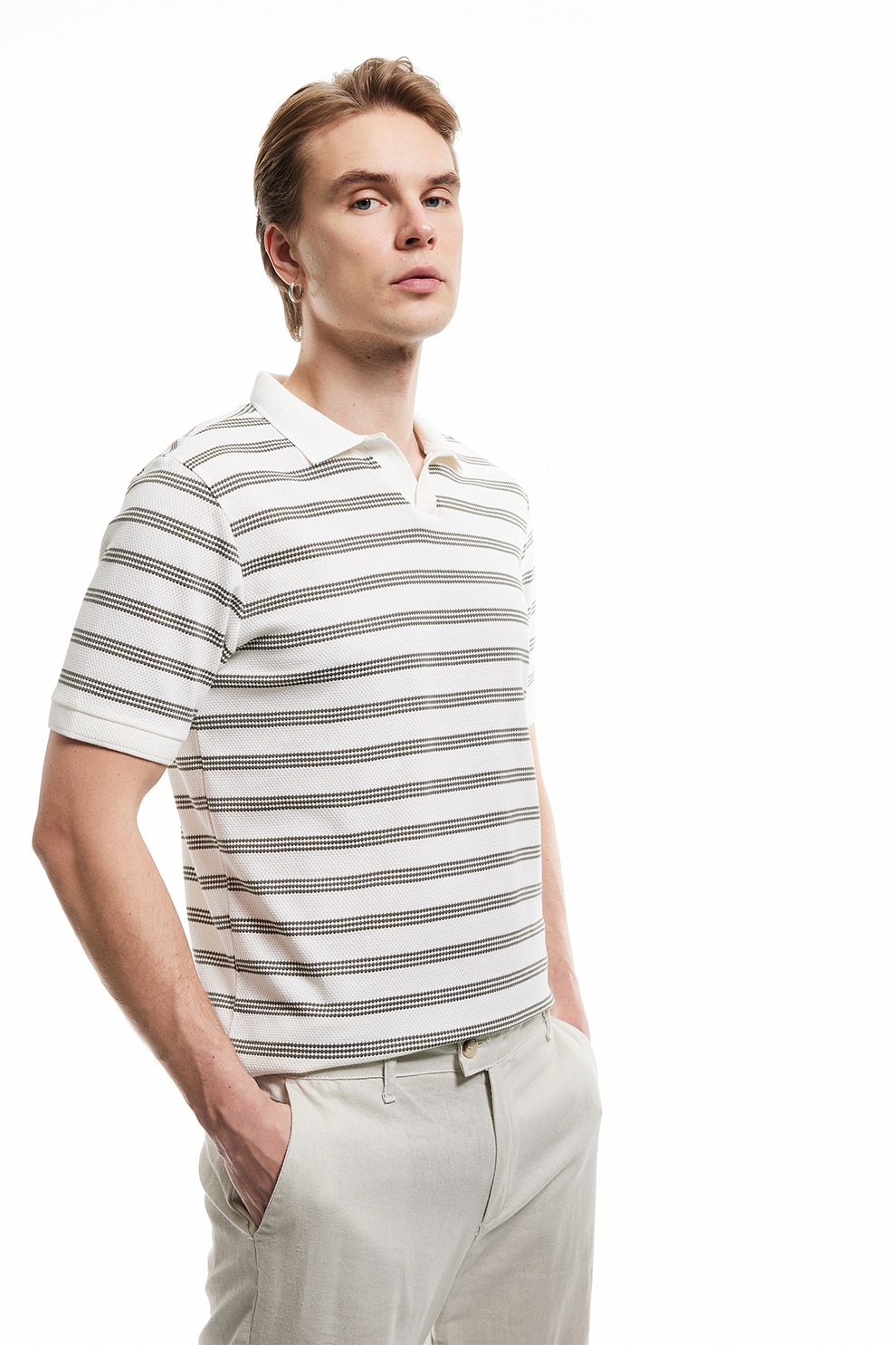 KOTON, Tricou polo cu model in dungi, Alb fildes, Verde spranghel, XL