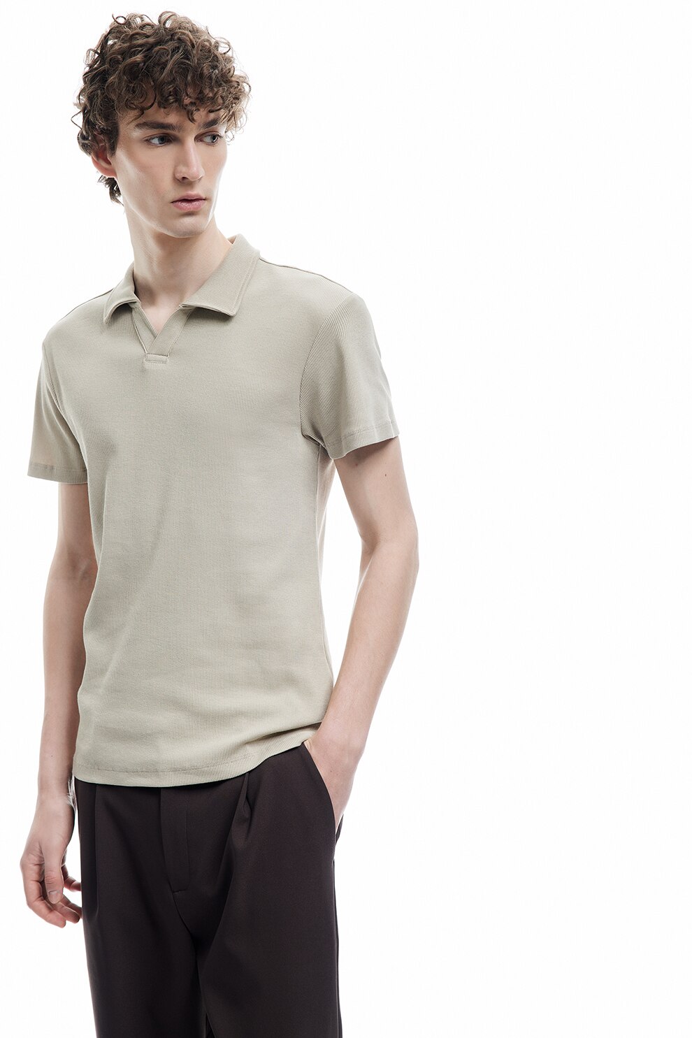 KOTON, Tricou polo slim-fit cu model tricotat, Maro taupe, L