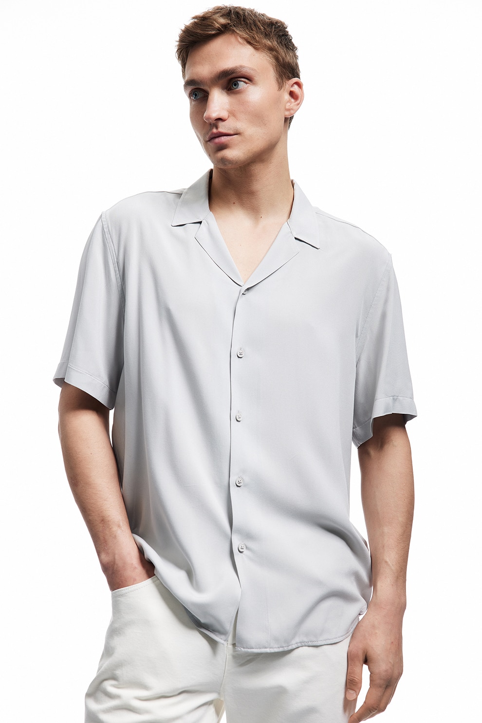 KOTON, Camasa cu guler si revere, Gri deschis, M