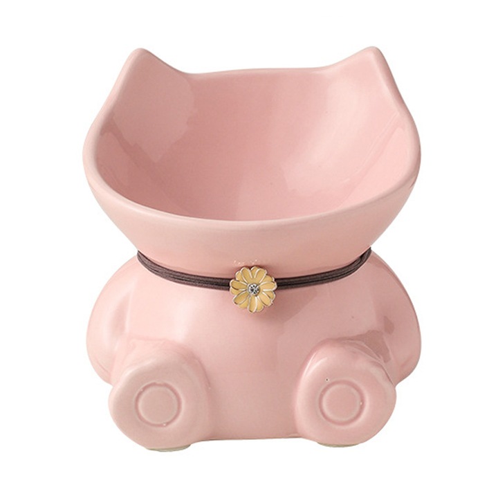 Bol ceramic pentru hrana pentru pisici, bol cu gura oblica pentru caini, bol cu apa, protectie inalta pentru picioare, vertebre cervicale, roz