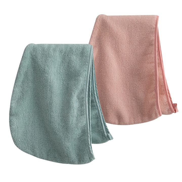 Памучни кърпи за коса, комплект от 2, супер абсорбиращи, зелени + розови, с копче и ластик