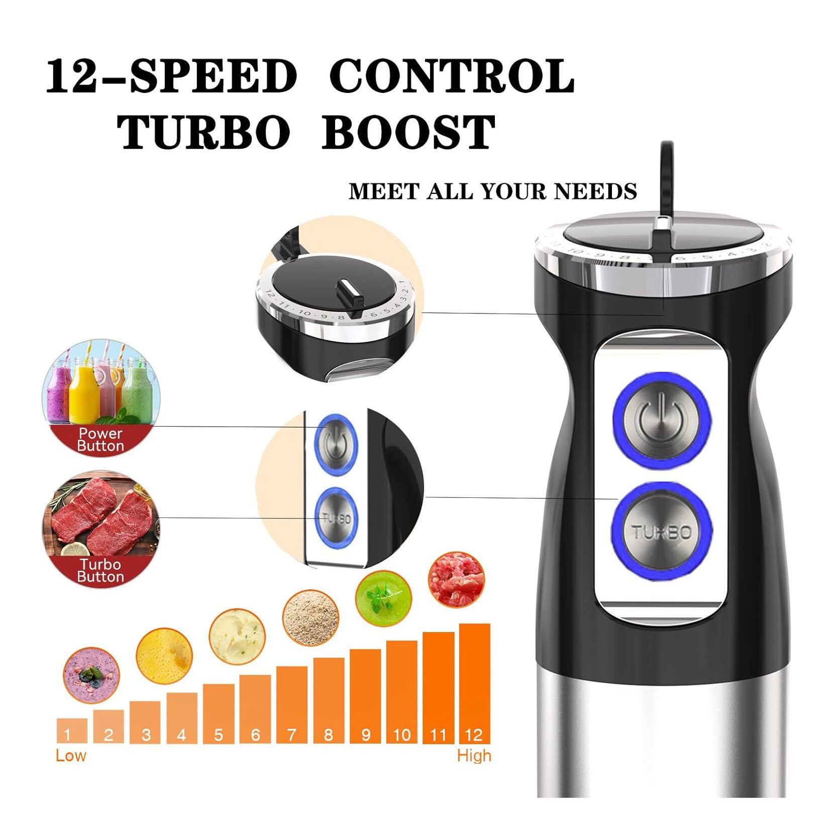 Blender 6 in 1 800W, Mixer Vertical Profesional, 12 Trepte de