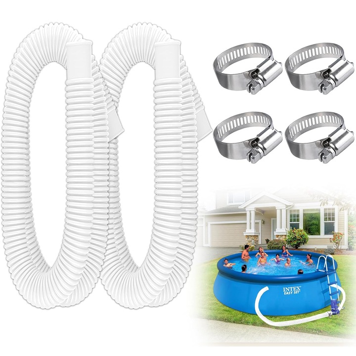 Set de 2 furtunuri pentru pompa de piscina, 32 mm, 1.5 m, pentru piscine supraterane, accesorii furtun de schimb pentru pompa de piscina cu 4 conexiuni metalice, Alb